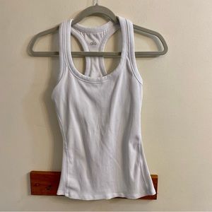 Alo Yoga Women’s Small White Ribbed Full Length Tank Top with Built In Bra Gym